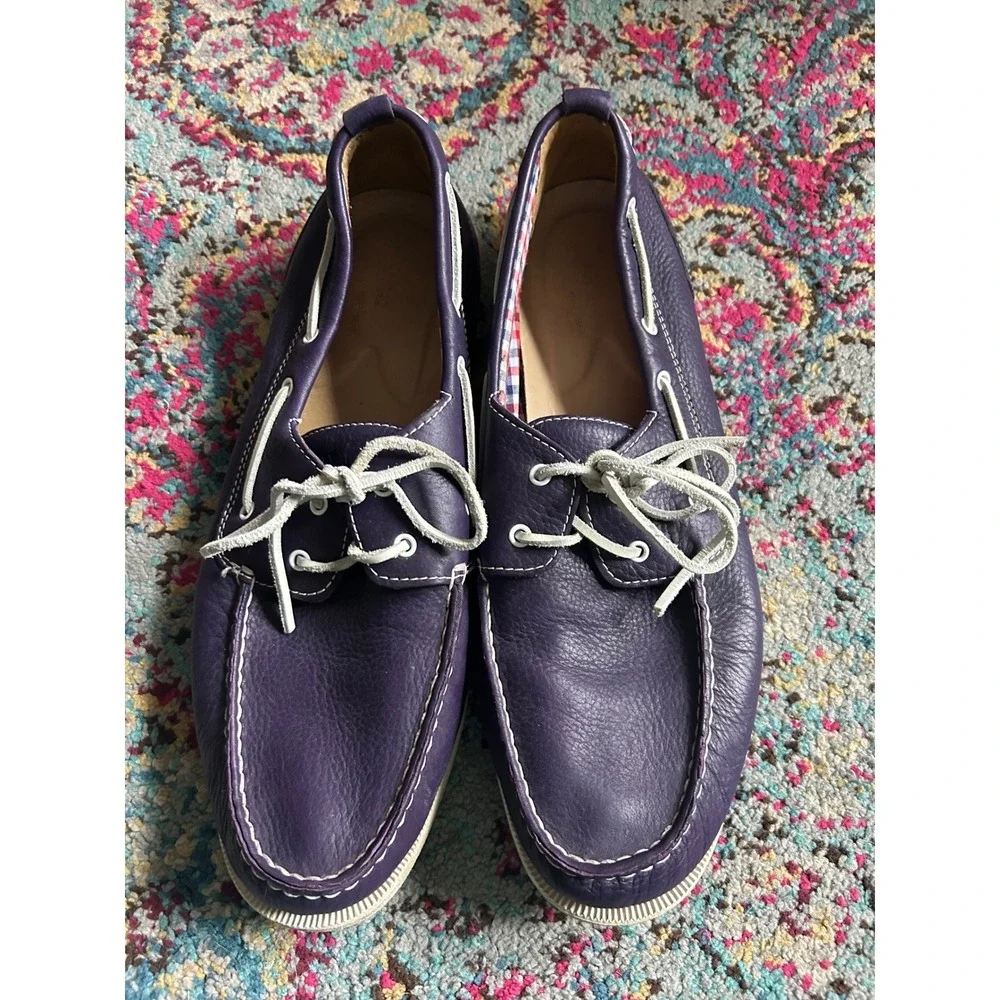 Rockport Boat Shoes Purple Pebbled Leather Gingham Lining Loafers Mens 15M